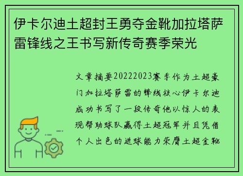 伊卡尔迪土超封王勇夺金靴加拉塔萨雷锋线之王书写新传奇赛季荣光